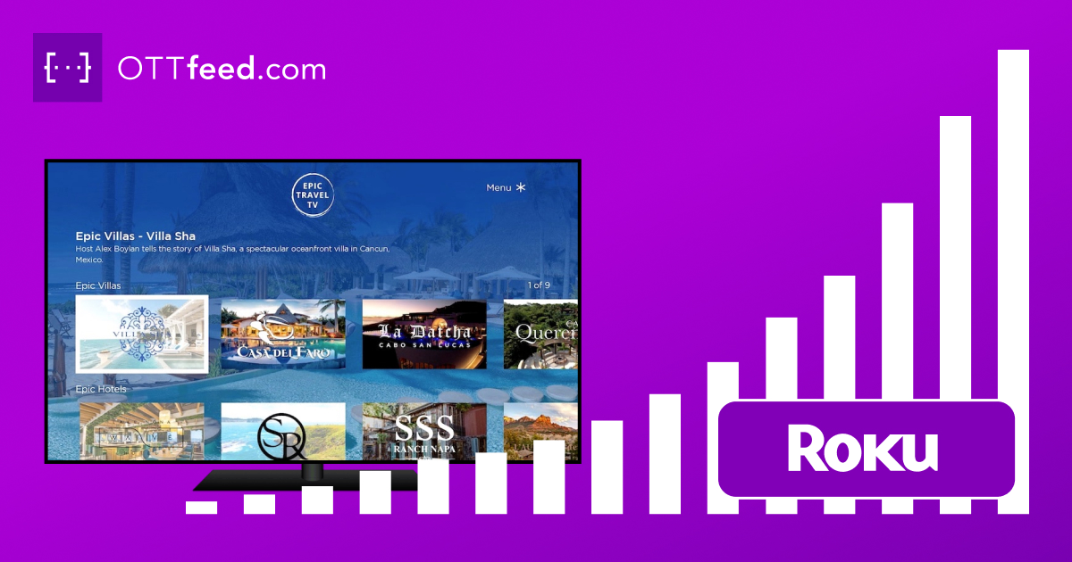 TV screen displaying a Roku channel, with a rising bar chart symbolizing Roku audience growth.