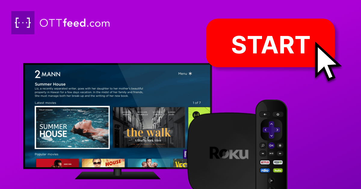 TV with a custom Roku channel and a start button with a mouse cursor